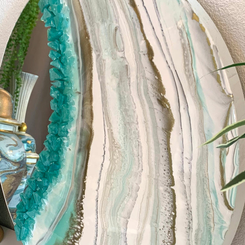 Specchio di Lusso 60cm con Marmorizzazione lucida Bianco, Oro e Pietre Tiffany (Made in Italy)