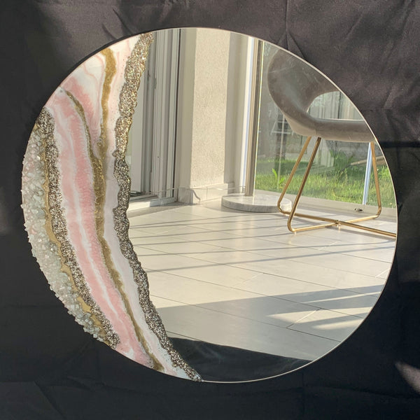Specchio di Lusso 70 cm con Bianco, Oro, Cristalli, Brillanti e Rosa (Made in Italy)