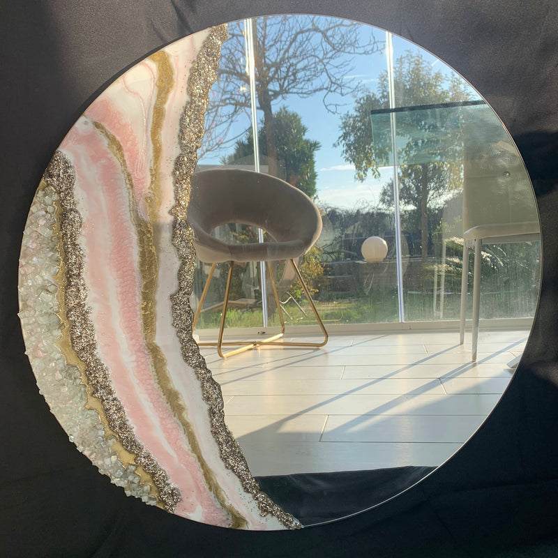 Specchio di Lusso 70 cm con Bianco, Oro, Cristalli, Brillanti e Rosa (Made in Italy)