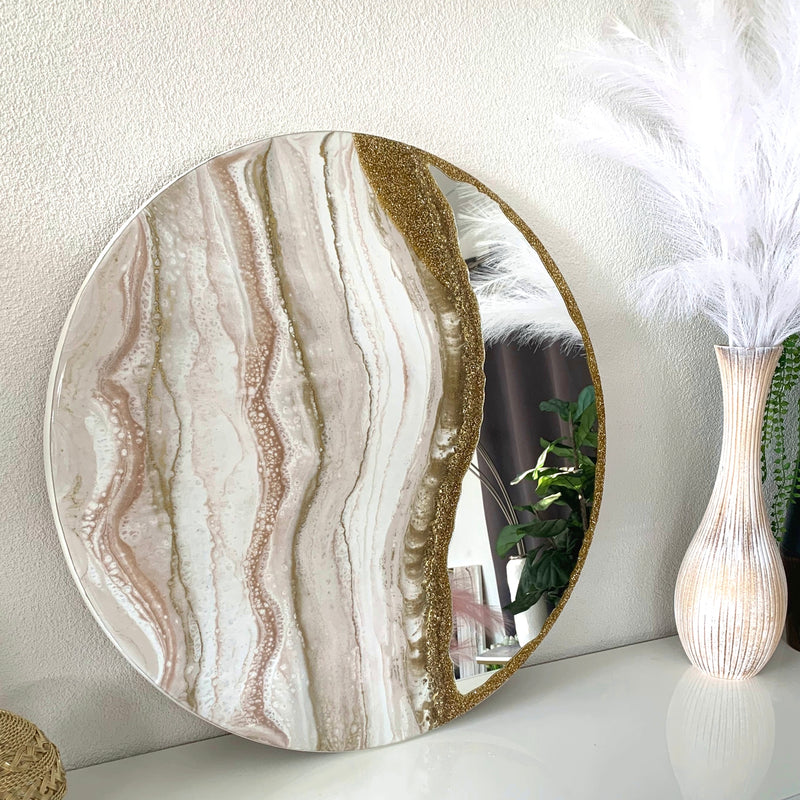 Specchio di Lusso 70 cm con Marmorizzazione lucida Bianco, Tortora, Oro, Brillanti e Pietre Oro (Made in Italy)