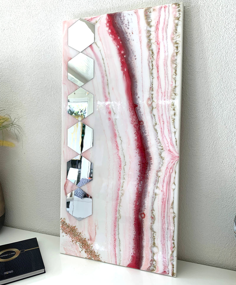 Specchio di Lusso 90x45 con marmorizzazione lucida amaranto, oro, e pietre brillanti (Made in Italy)
