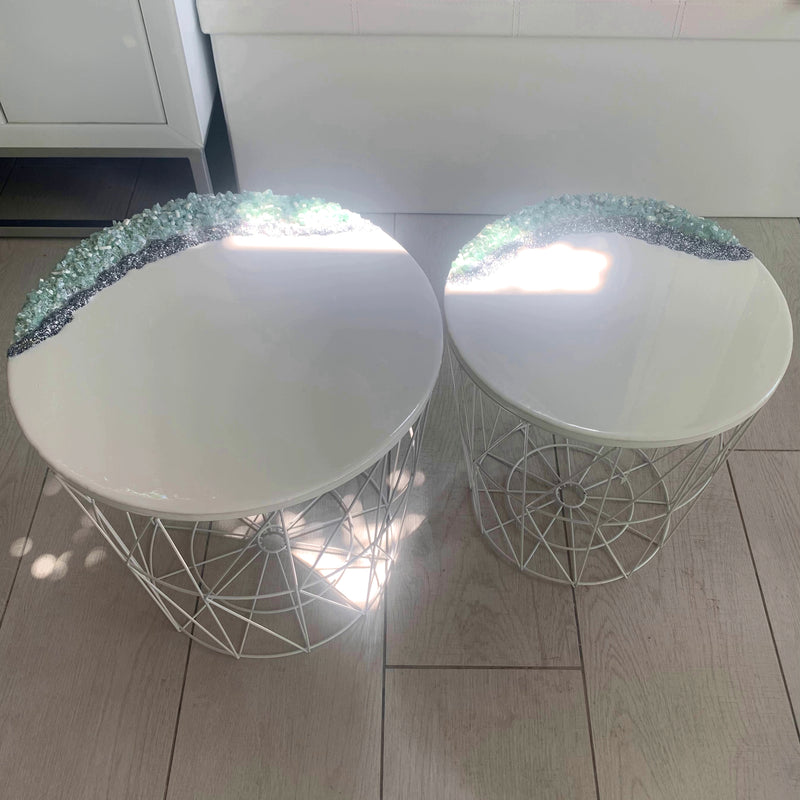 Coppia di Tavolini Bianco Lucido, Cristalli e Brillanti (Made in Italy)