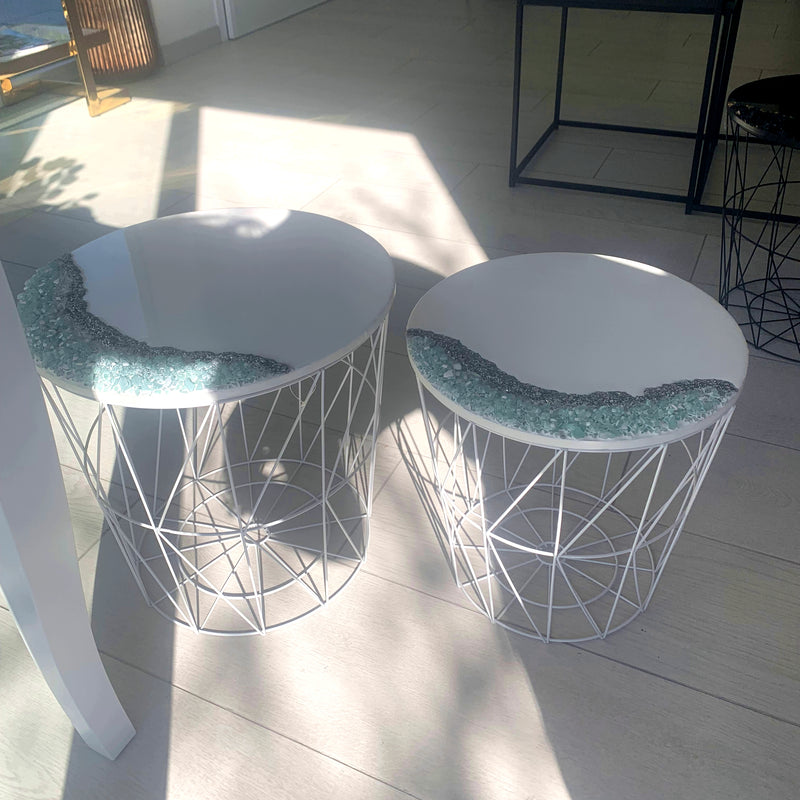 Coppia di Tavolini Bianco Lucido, Cristalli e Brillanti (Made in Italy)
