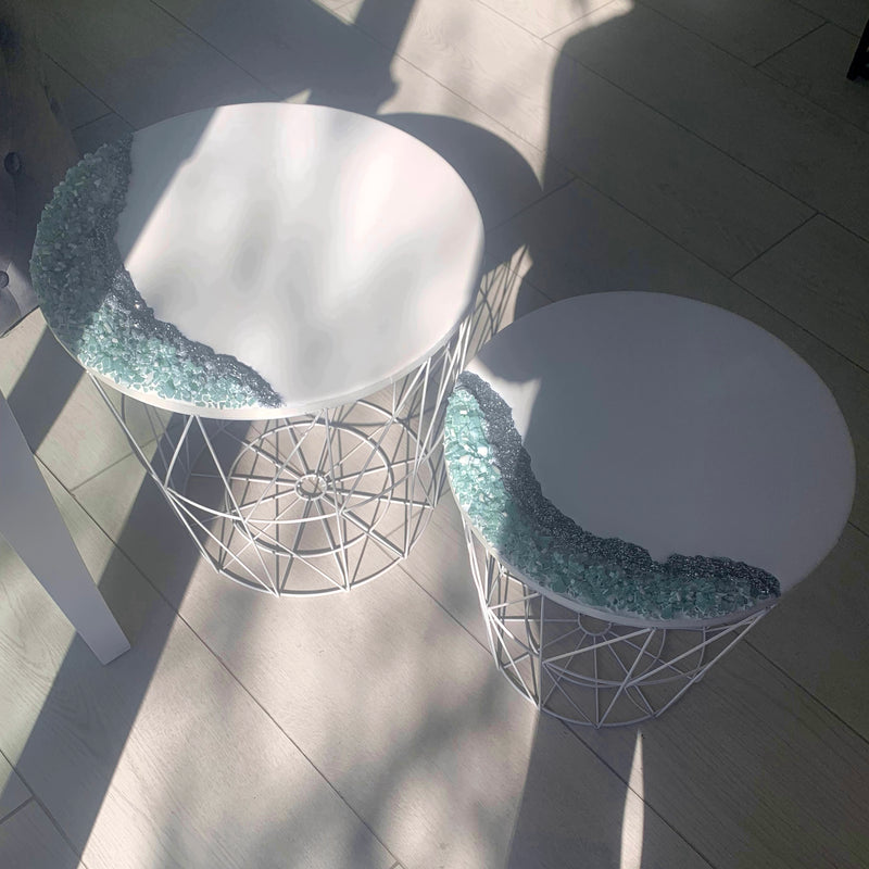 Coppia di Tavolini Bianco Lucido, Cristalli e Brillanti (Made in Italy)