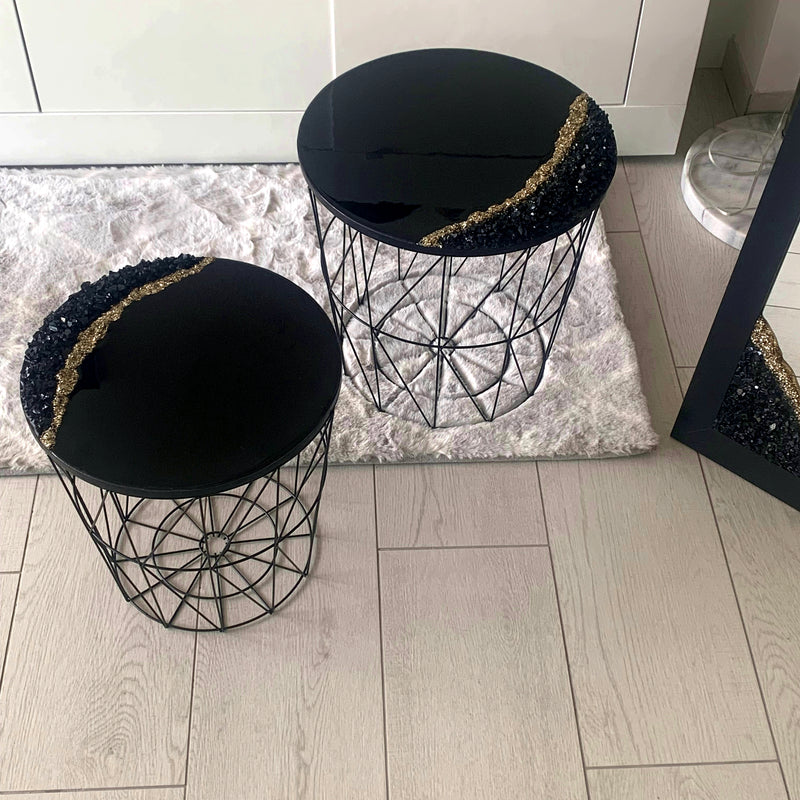 Coppia di Tavolini Nero Lucido, Cristalli e Brillanti (Made in Italy)
