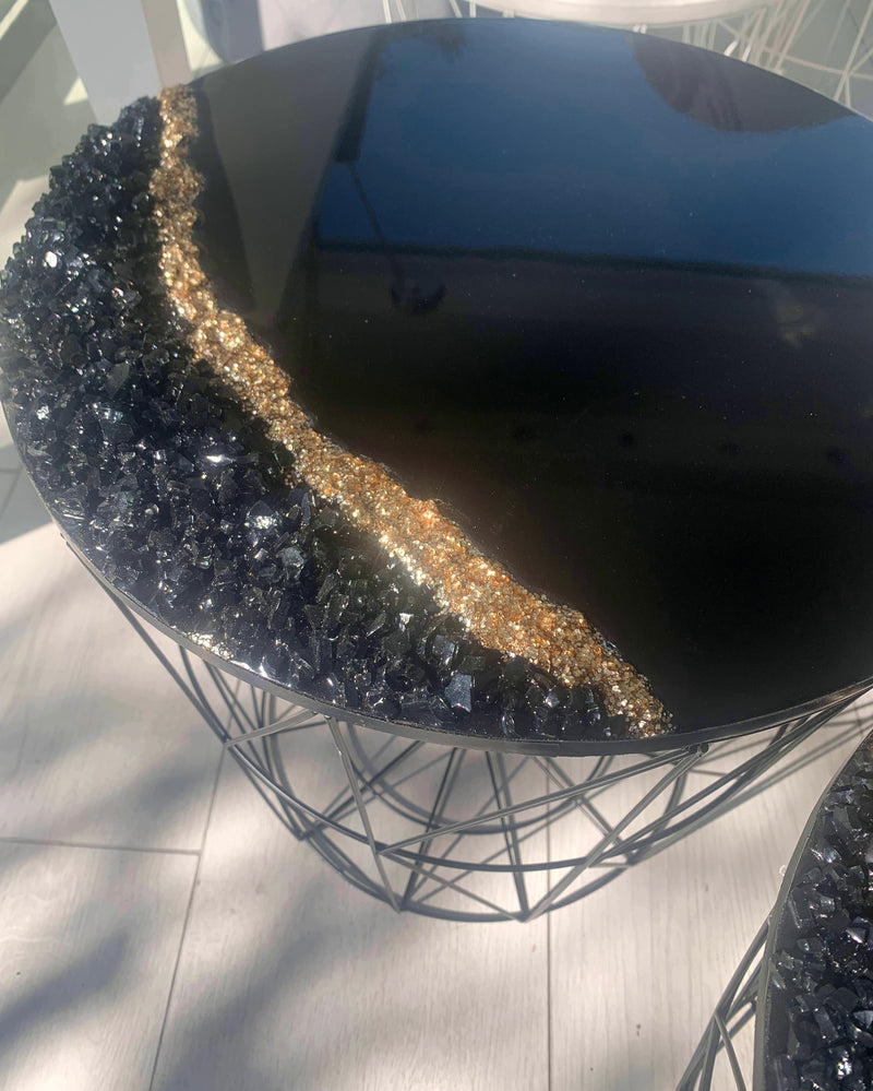 Coppia di Tavolini Nero Lucido, Cristalli e Brillanti (Made in Italy)