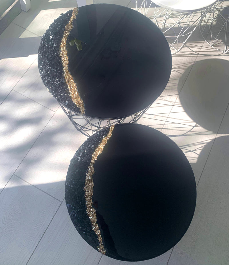 Coppia di Tavolini Nero Lucido, Cristalli e Brillanti (Made in Italy)