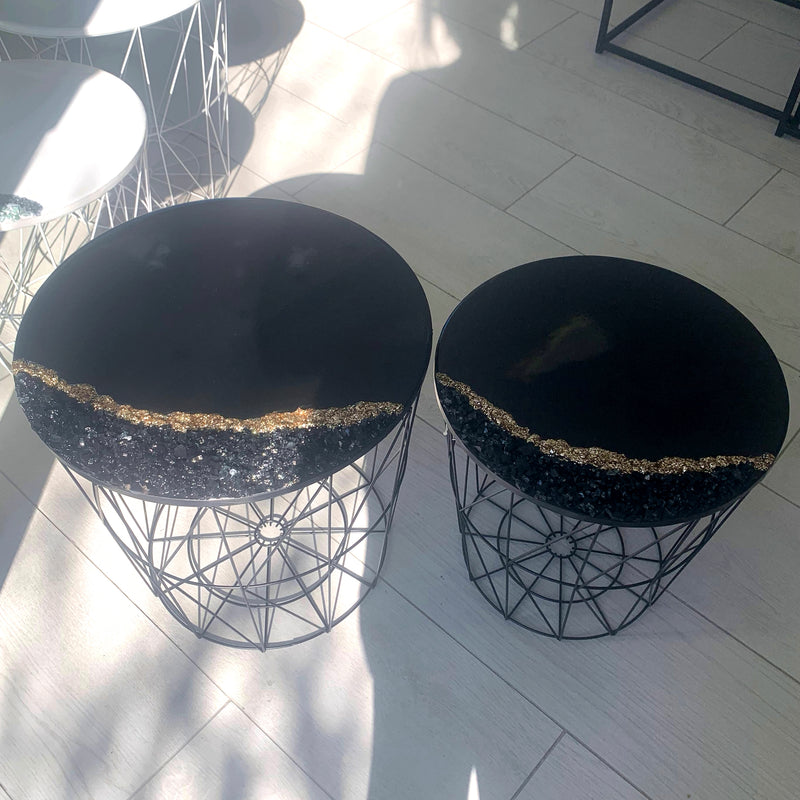 Coppia di Tavolini Nero Lucido, Cristalli e Brillanti (Made in Italy)