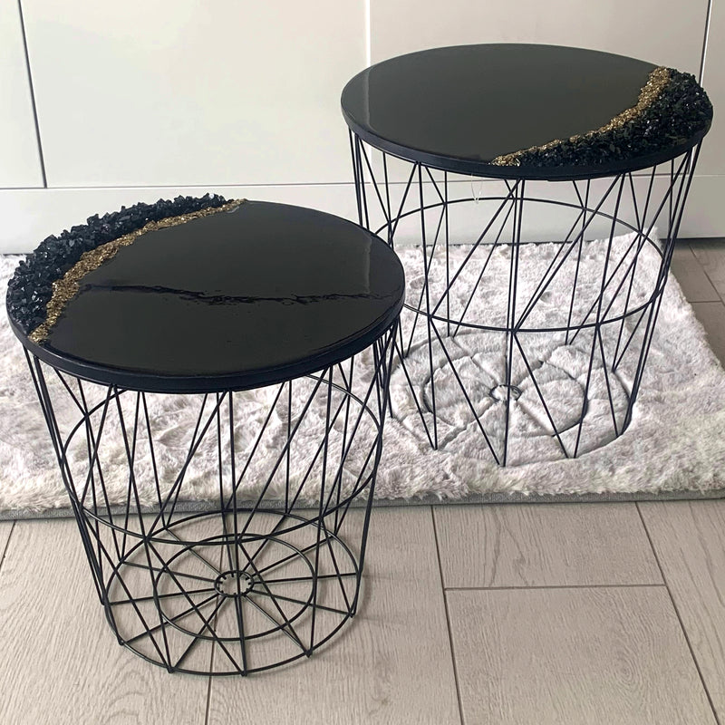Coppia di Tavolini Nero Lucido, Cristalli e Brillanti (Made in Italy)