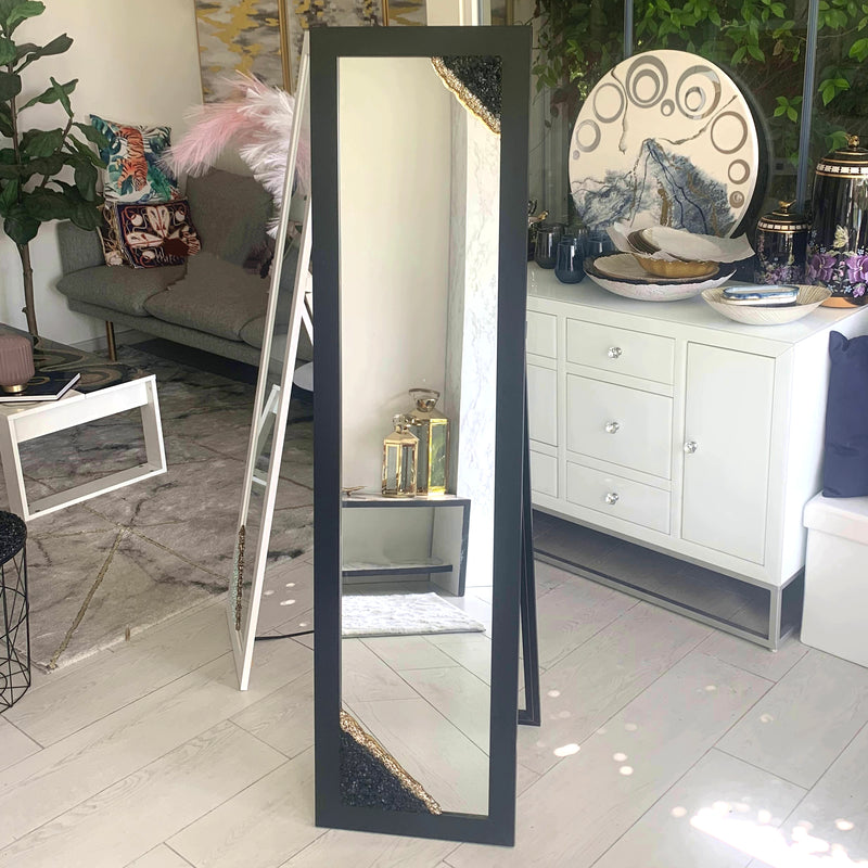 Specchio da Terra Nero con Cristalli Neri e Brillanti Oro (Made in Italy)