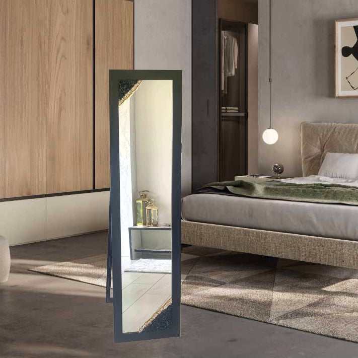 Specchio da Terra Nero con Cristalli Neri e Brillanti Oro (Made in Italy)