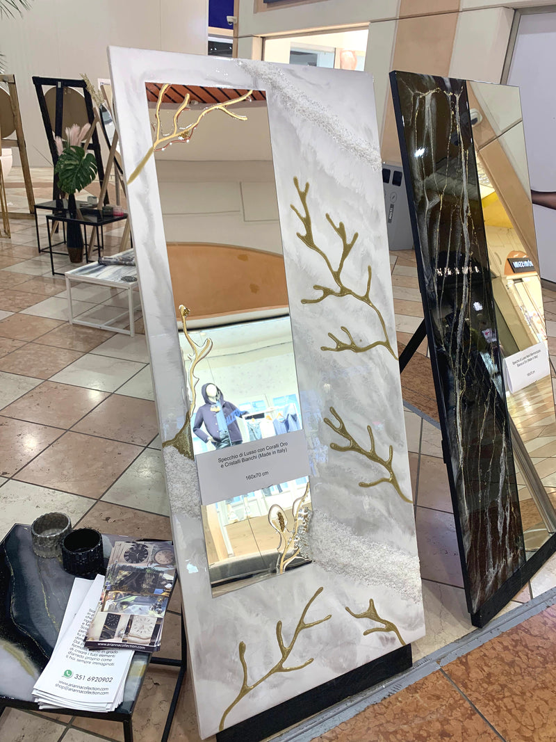 Specchio di Lusso 160 cm con Coralli Oro  e Cristalli Bianchi (Made in Italy)