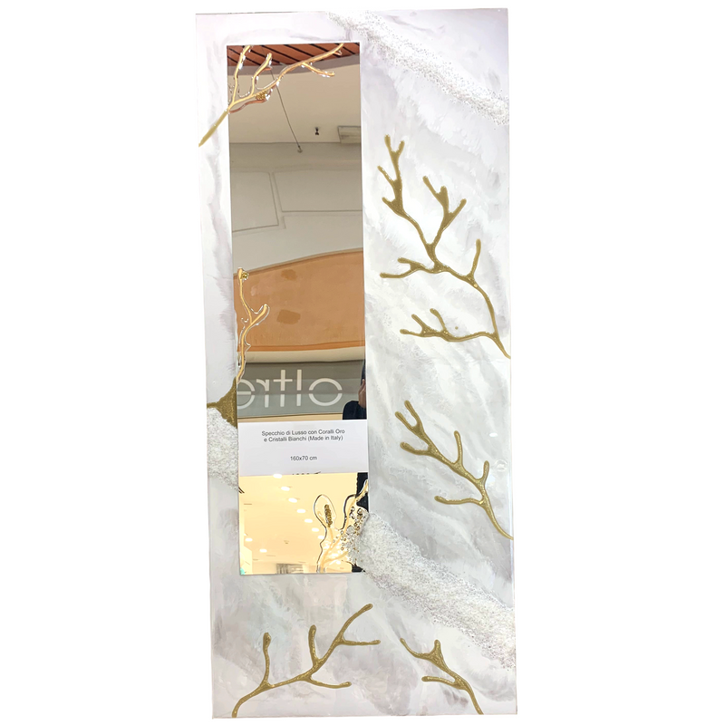 Specchio di Lusso 160 cm con Coralli Oro  e Cristalli Bianchi (Made in Italy)