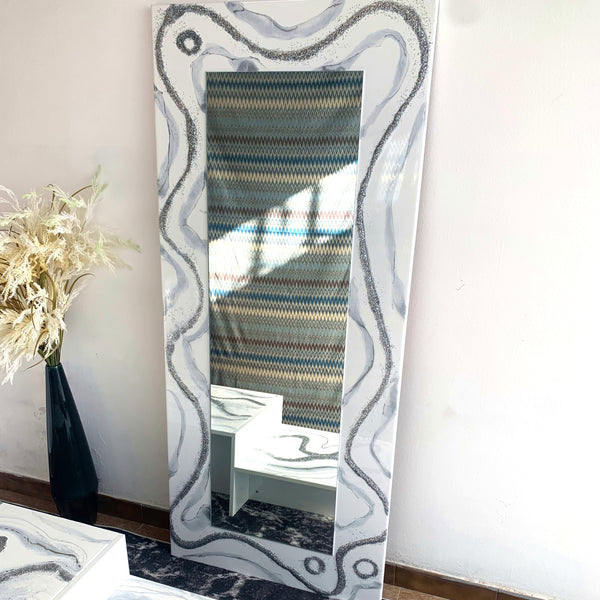 Specchio di Lusso 160x70 Bianco Lucido, Argento e Brillanti Argento (Made in Italy)