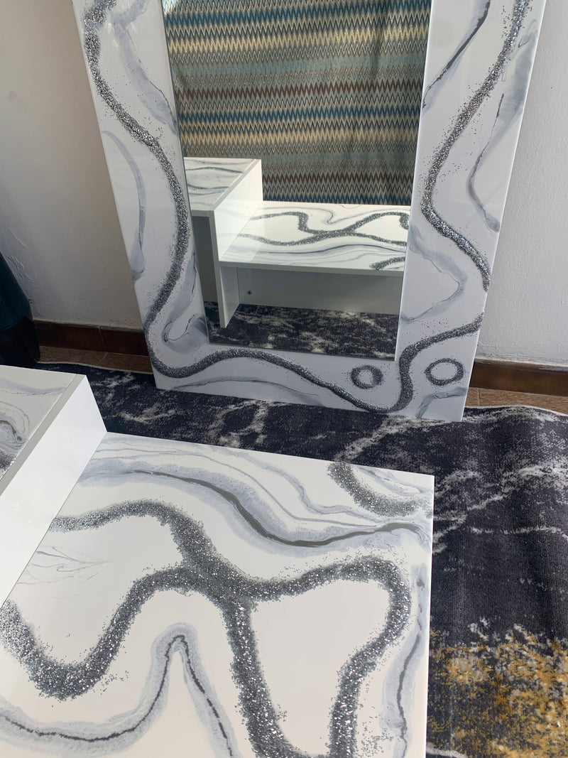 Tavolino Moderno Bianco Lucido, Argento e Brillanti (Made in Italy)