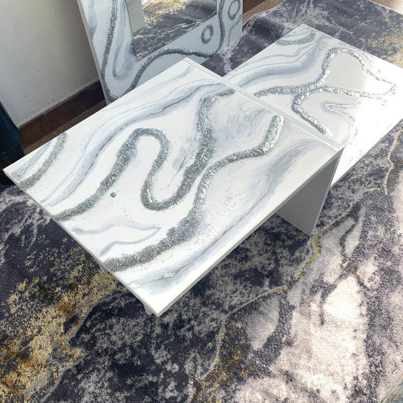 Tavolino Moderno Bianco Lucido, Argento e Brillanti (Made in Italy)
