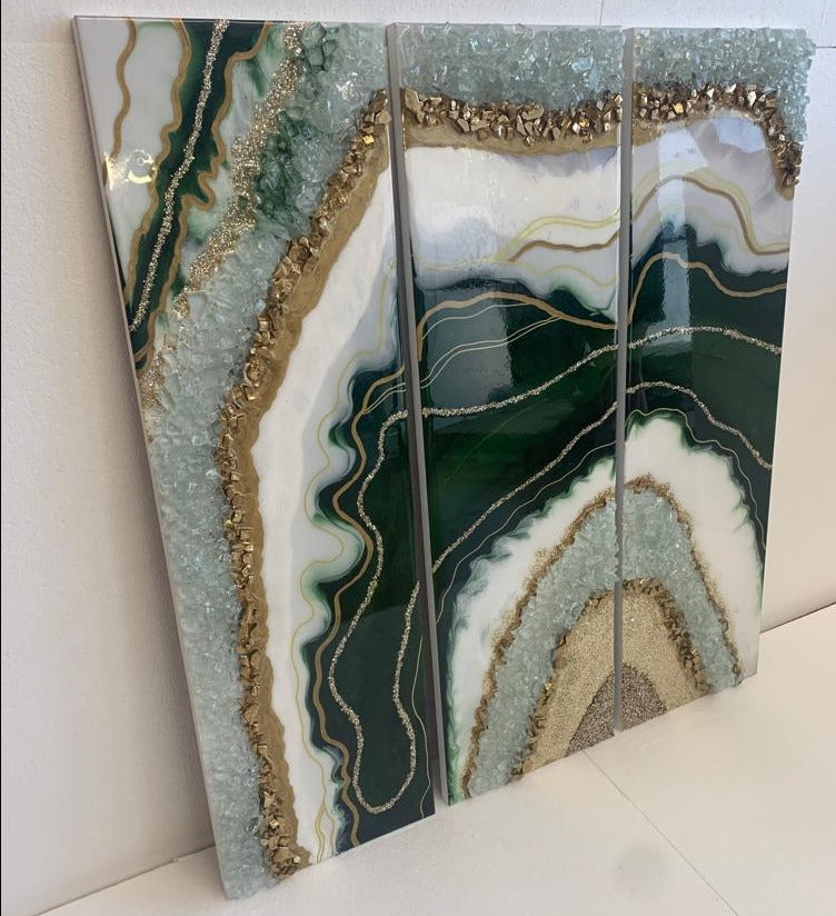 Tris di Quadri di Lusso Smeraldo con Cristalli e Brillanti 90 cm  (Made in Italy)