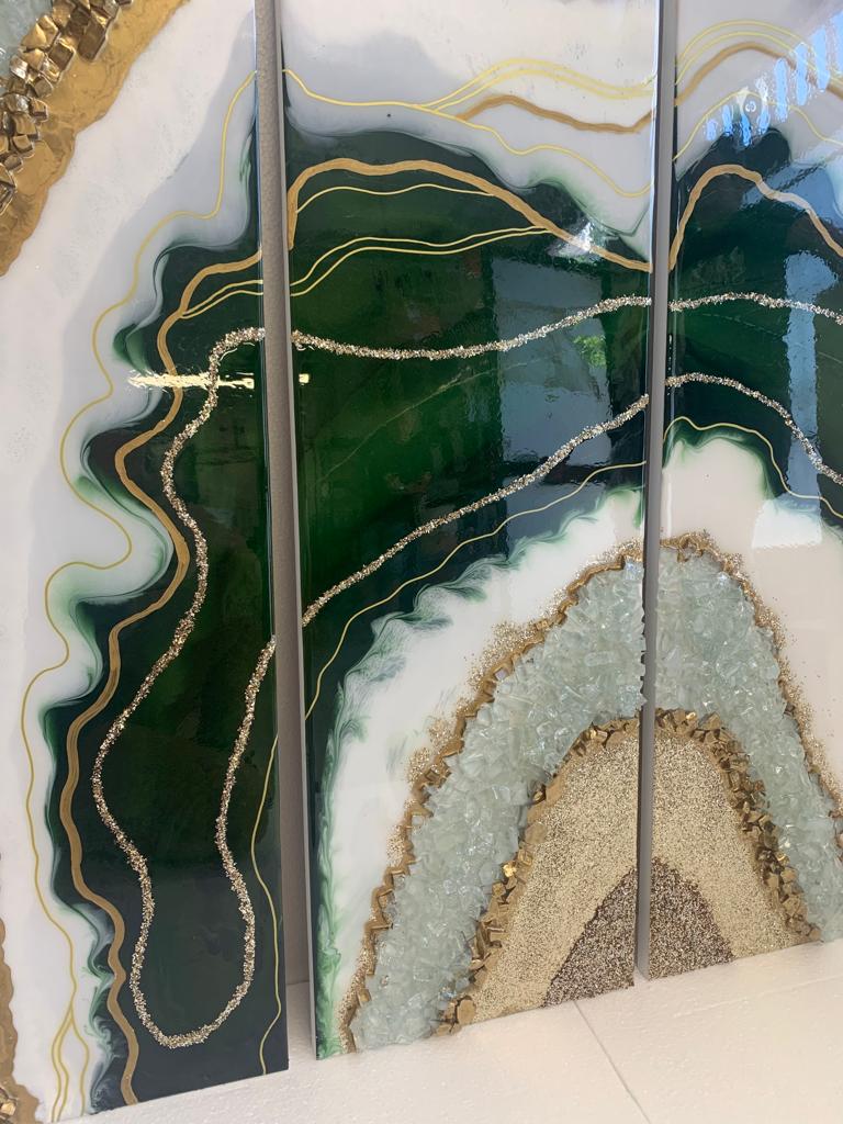 Tris di Quadri di Lusso Smeraldo con Cristalli e Brillanti 90 cm  (Made in Italy)