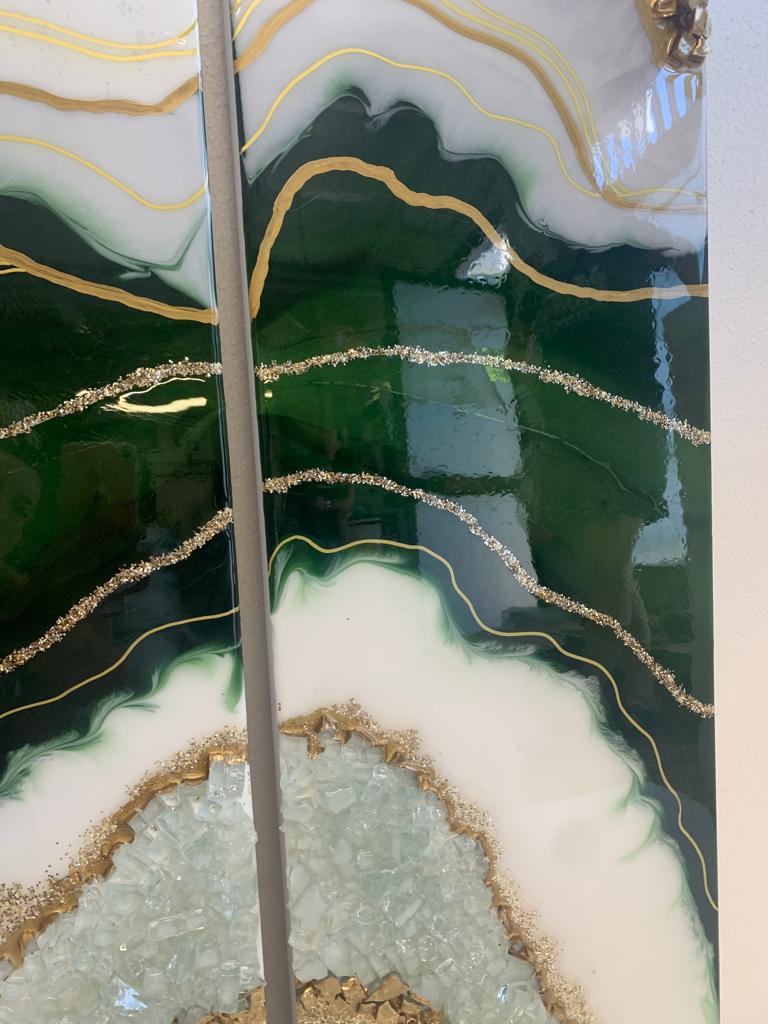 Tris di Quadri di Lusso Smeraldo con Cristalli e Brillanti 90 cm  (Made in Italy)