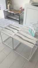 Coppia di Tavolini Marmorizzati Lucido Bianco, Ardesia e Oro (Made in Italy)