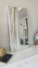 Specchio di Lusso 90x45 con marmorizzazione lucida bianco, oro e brillanti oro (Made in Italy)