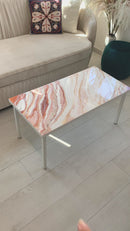 Tavolino da Caffè 90x45 Marmorizzato Rosegold con Cristalli Argento (Made in Italy)