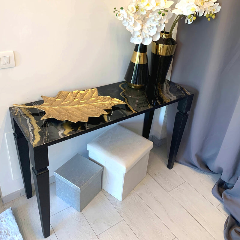Consolle Lusso Marmoreo 126 cm Nero, Ardesia e Oro (Made in Italy)