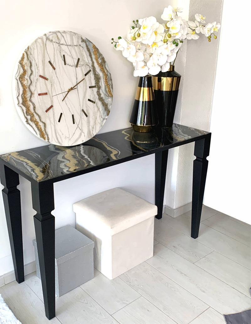 Consolle Lusso Marmoreo 126 cm Nero, Ardesia e Oro (Made in Italy)