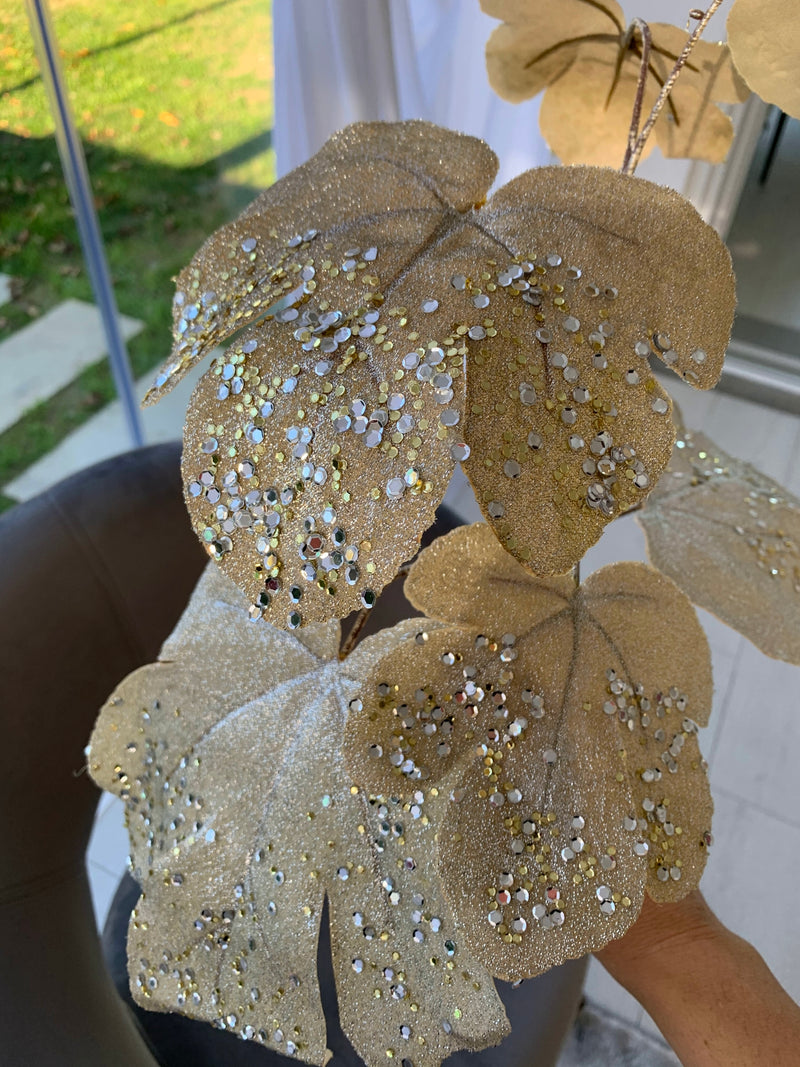 Ramo Foglie di Fico Platino Glitter [XL] - 1 Ramo