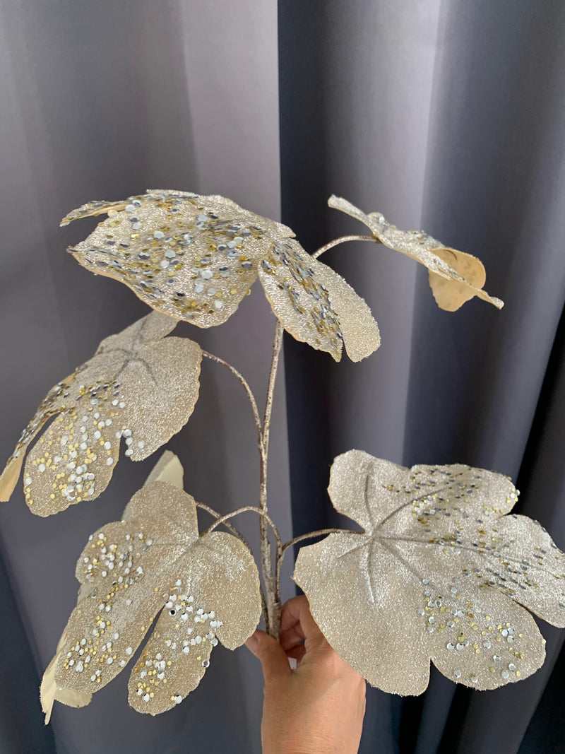 Ramo Foglie di Fico Platino Glitter [XL] - 1 Ramo
