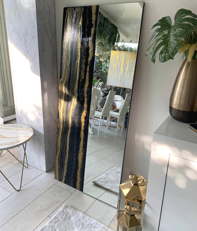 Specchio di Lusso 160x70 con marmorizzazione lucida Nero, Oro e Brillanti Oro (Made in Italy)