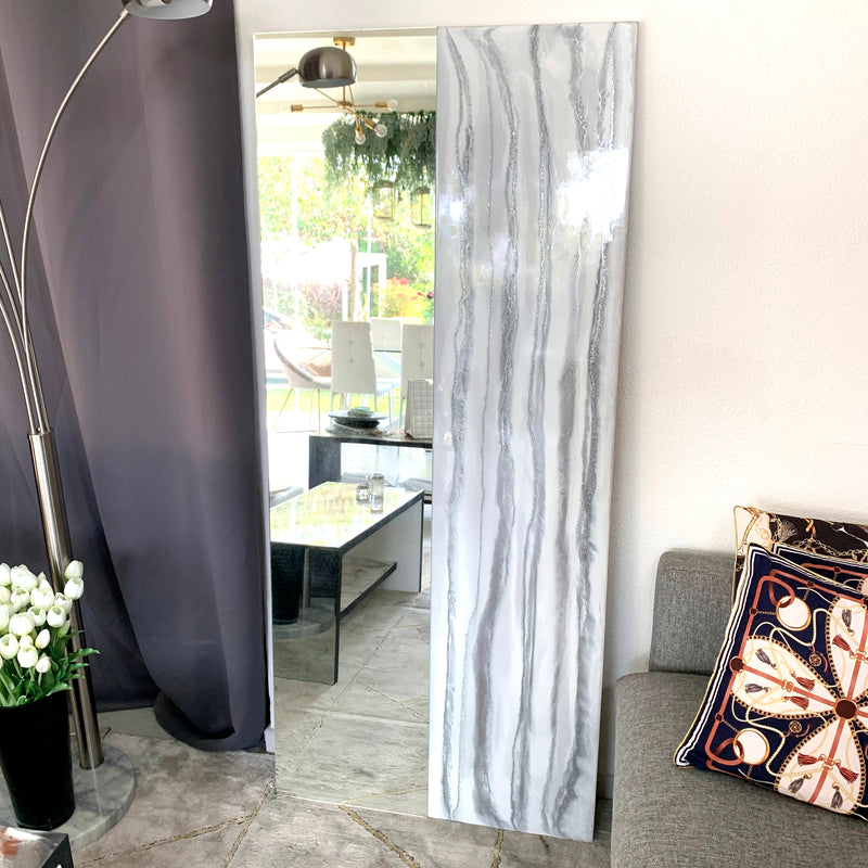 Specchio di Lusso 160x70 con marmorizzazione lucida bianco, argento e brillanti argento (Made in Italy)