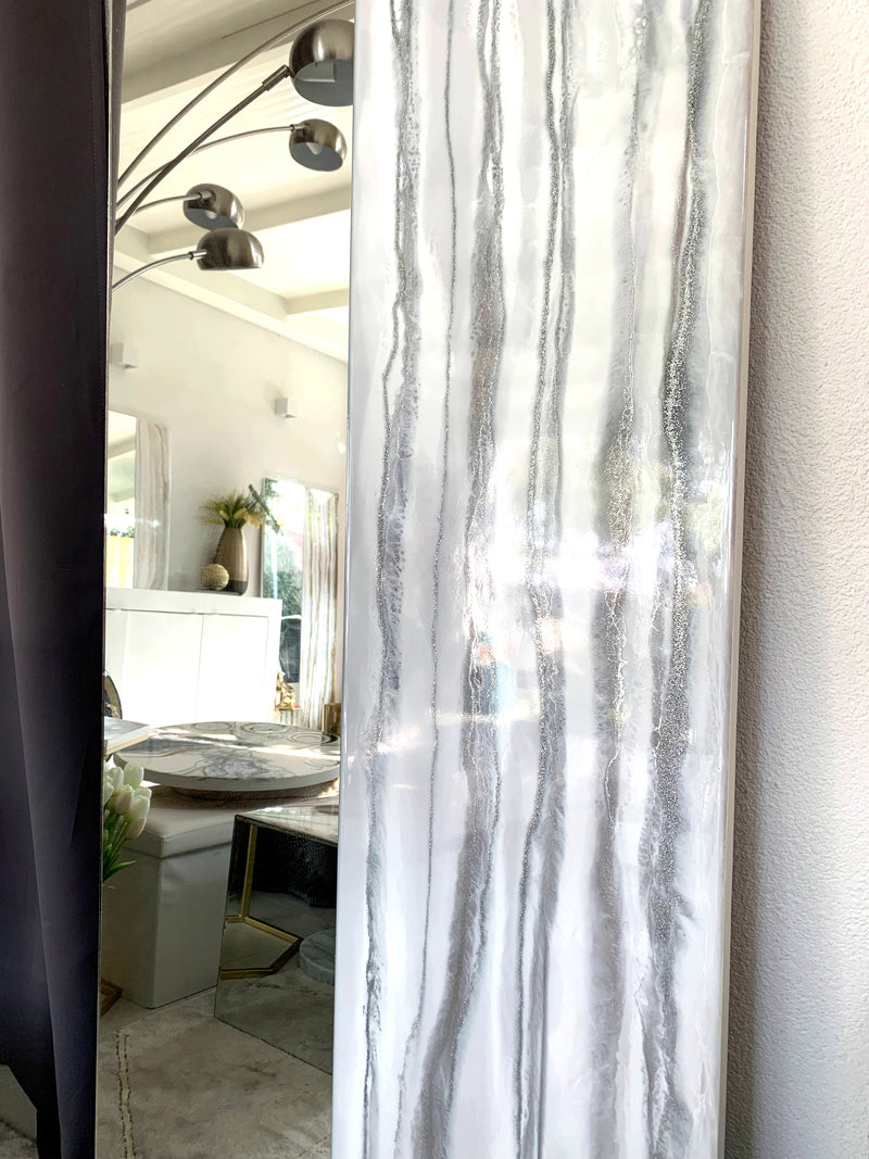 Specchio di Lusso 160x70 con marmorizzazione lucida bianco, argento e brillanti argento (Made in Italy)