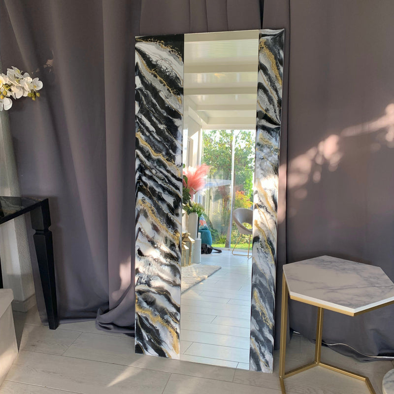 Specchio di Lusso 160x70 con marmorizzazione lucida bianco, nero, argento e oro (Made in Italy)