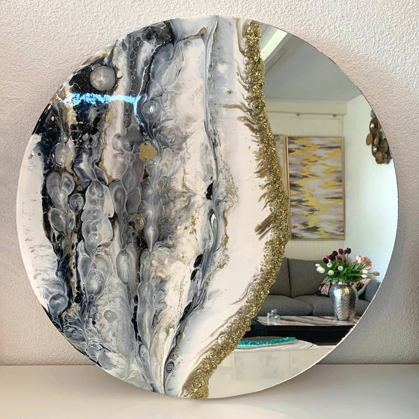 Specchio di Lusso 58cm con Marmorizzazione lucida Bianco, Nero, Oro, Brillanti e Pietre (Made in Italy)