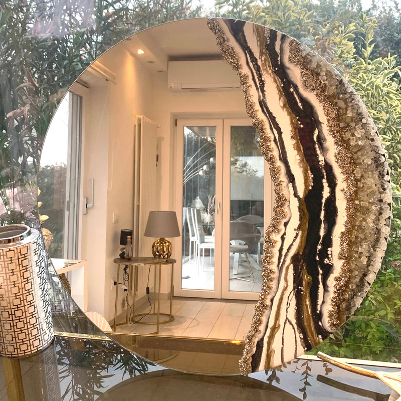 Specchio di Lusso 70 cm con Bianco, Oro, Cristalli, Brillanti e Ardesia (Made in Italy)