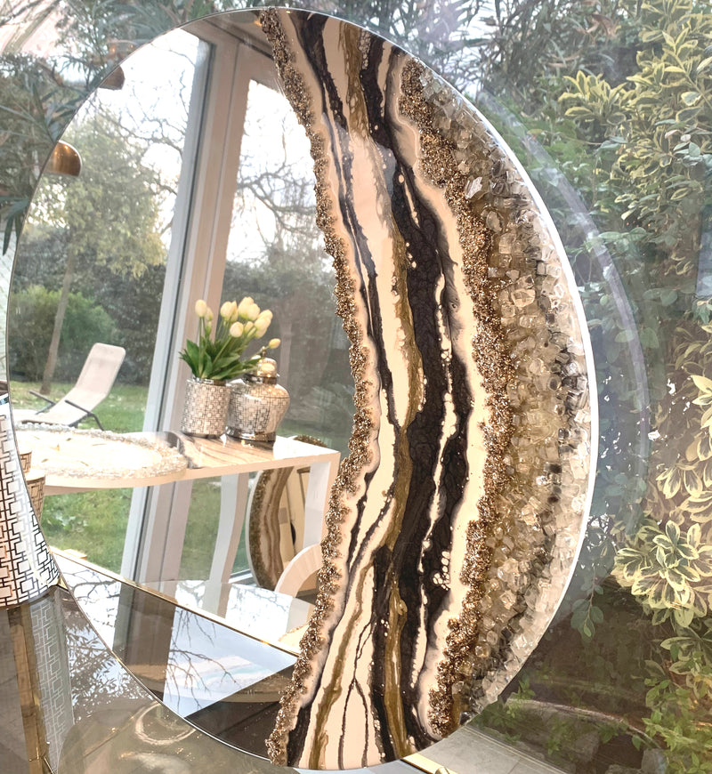 Specchio di Lusso 70 cm con Bianco, Oro, Cristalli, Brillanti e Ardesia (Made in Italy)