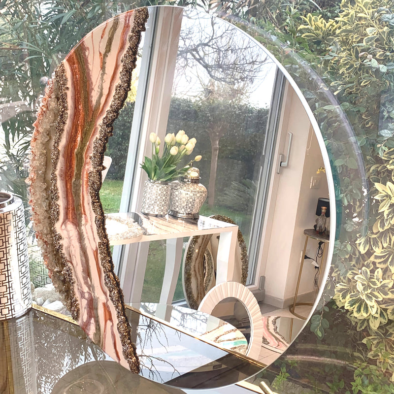 Specchio di Lusso 70 cm con Bianco, Oro, Cristalli, Brillanti e Bronzo (Made in Italy)