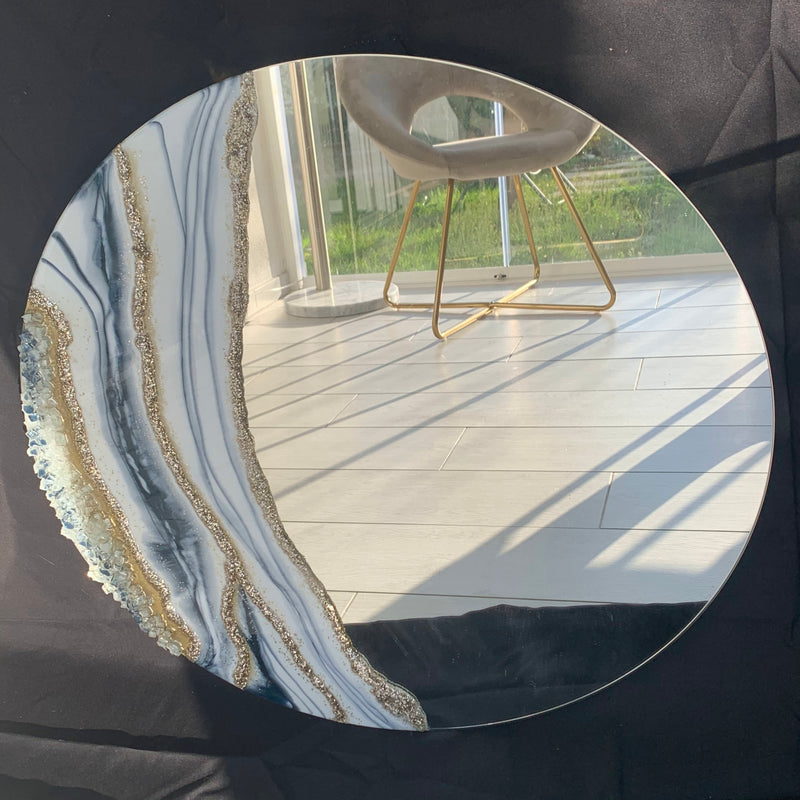 Specchio di Lusso 70 cm con Bianco, Oro, Cristalli, Brillanti e Ottanio (Made in Italy)