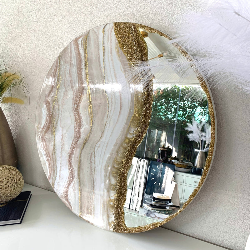Specchio di Lusso 70 cm con Marmorizzazione lucida Bianco, Tortora, Oro, Brillanti e Pietre Oro (Made in Italy)