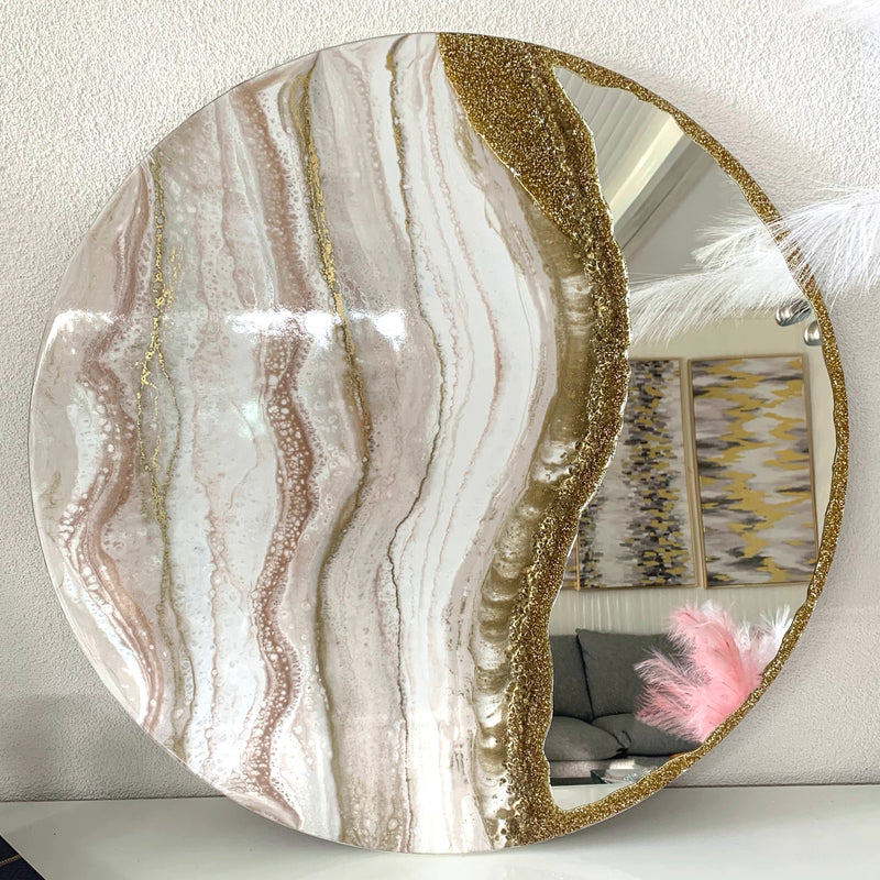 Specchio di Lusso 70 cm con Marmorizzazione lucida Bianco, Tortora, Oro, Brillanti e Pietre Oro (Made in Italy)