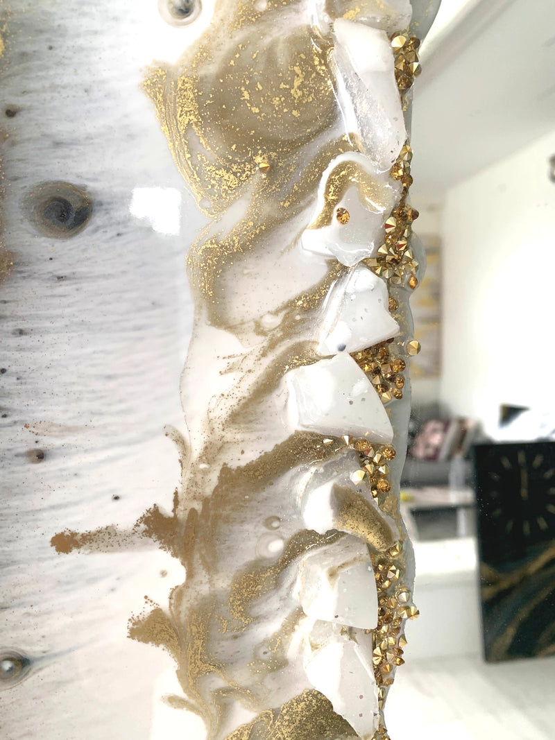 Specchio di Lusso 90x45 con marmorizzazione lucida bianco, ardesia, pietre e brillanti oro (Made in Italy)