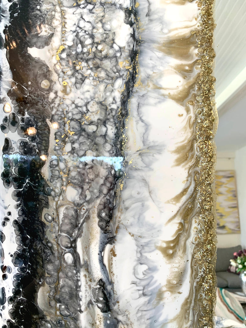 Specchio di Lusso 90x45 con marmorizzazione lucida bianco, nero, pietre e brillanti oro (Made in Italy)
