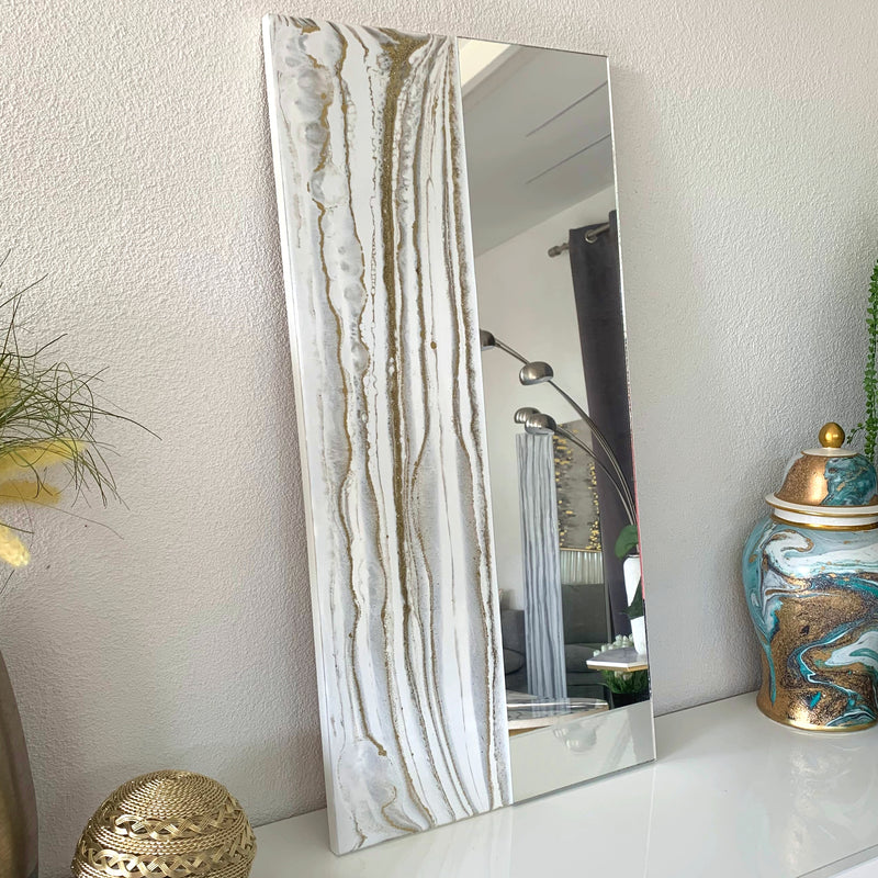 Specchio di Lusso 90x45 con marmorizzazione lucida bianco, oro e brillanti oro (Made in Italy)