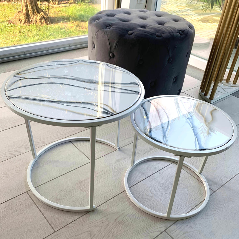 Coppia di Tavolini Marmorizzati Lucido Bianco, Nero e Oro (Made in Italy)