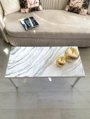 Tavolino da Caffè 90x45 Marmorizzato Bianco con Platino (Made in Italy)