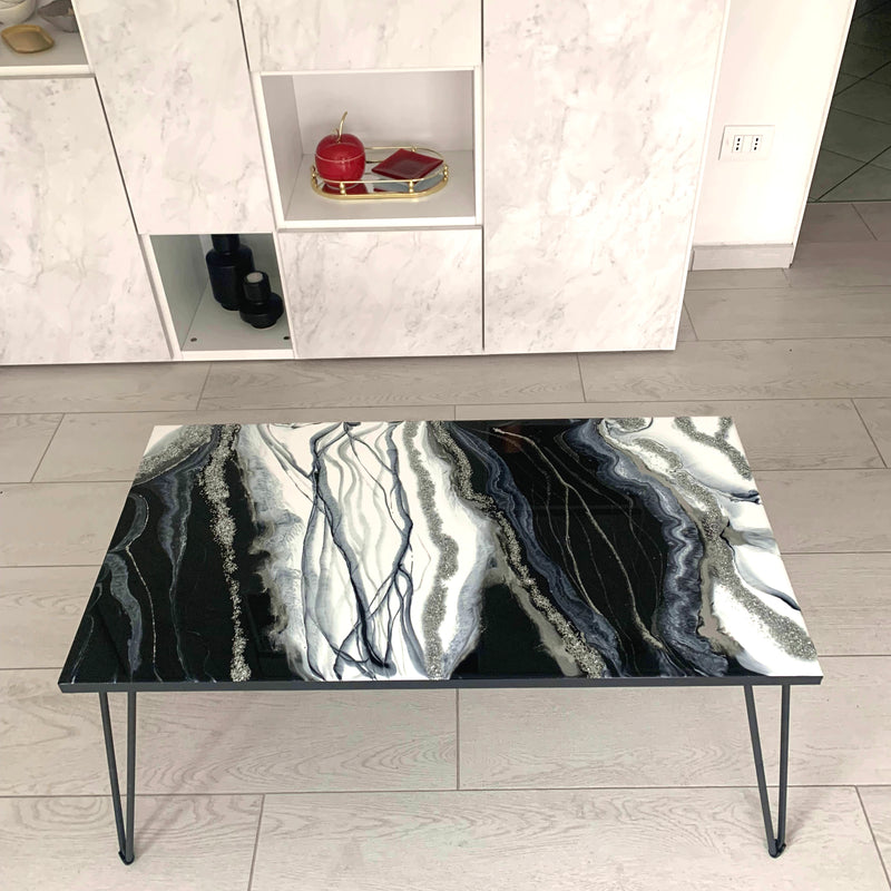 Tavolino di Lusso 90cm Marmorizzato con Brillanti Argento (Made in Italy)