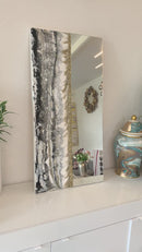 Specchio di Lusso 90x45 con marmorizzazione lucida bianco, nero, pietre e brillanti oro (Made in Italy)