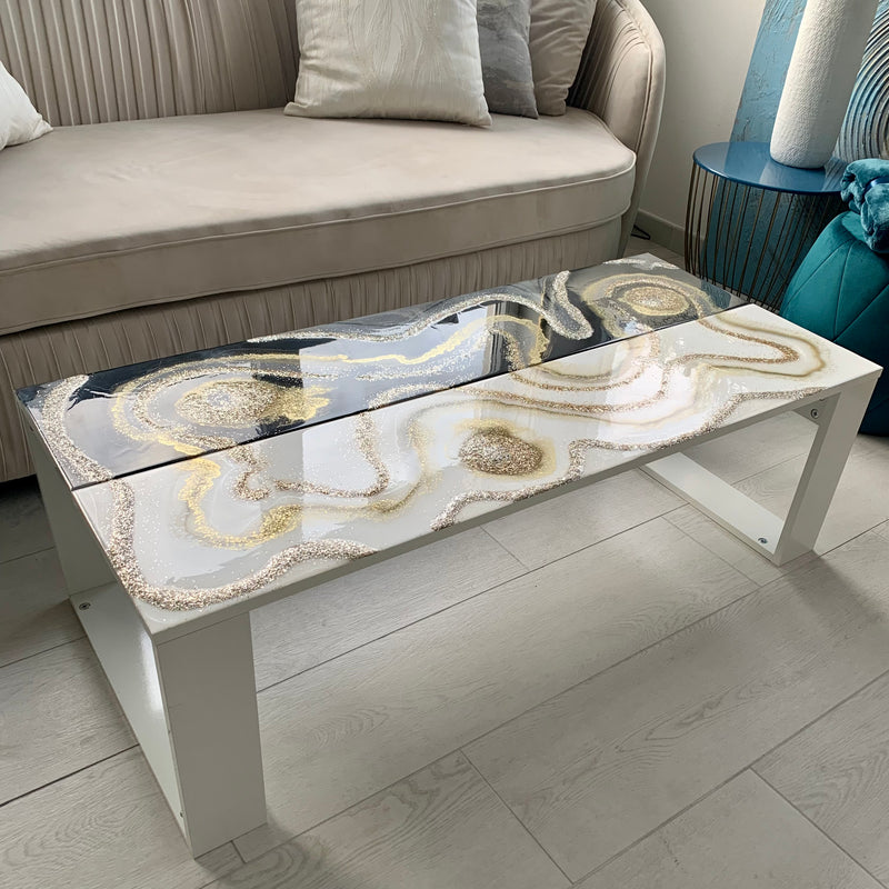Tavolino 110x50 Oro, Nero e Bianco Lucido (Made in Italy)
