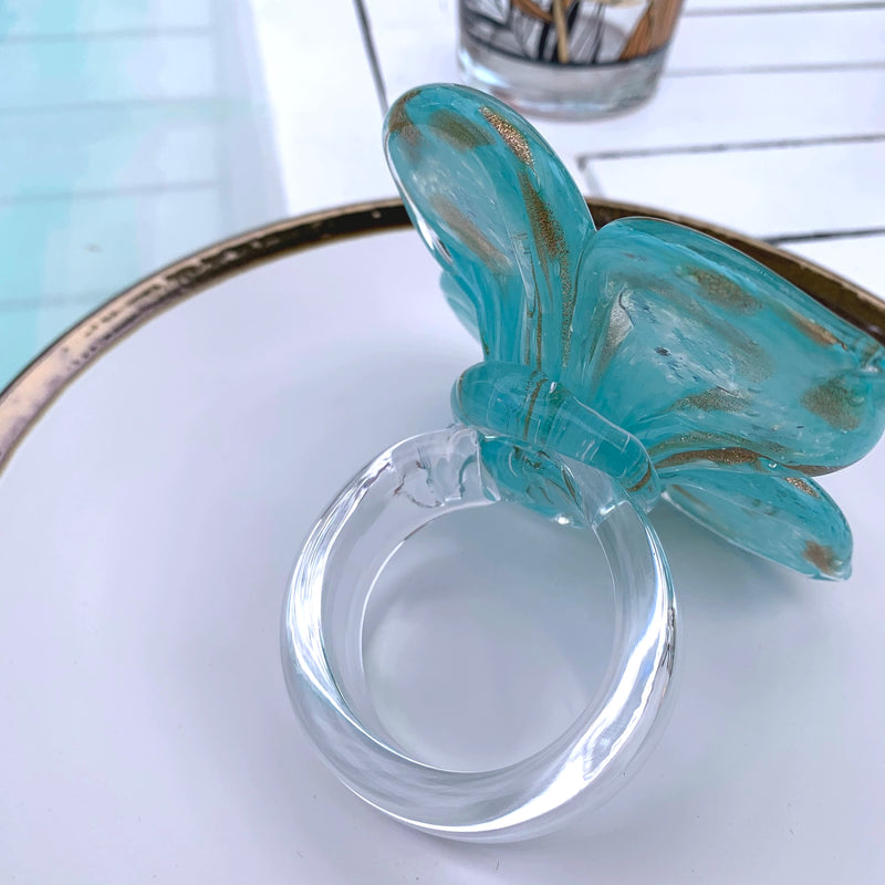 6 Portatovaglioli Fiore Vetro Soffiato Acquamarina e Oro